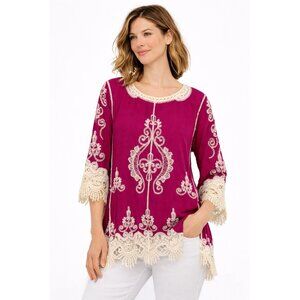 Boho Embroidered Magenta Tunic Top Lace Trim Womens Size M